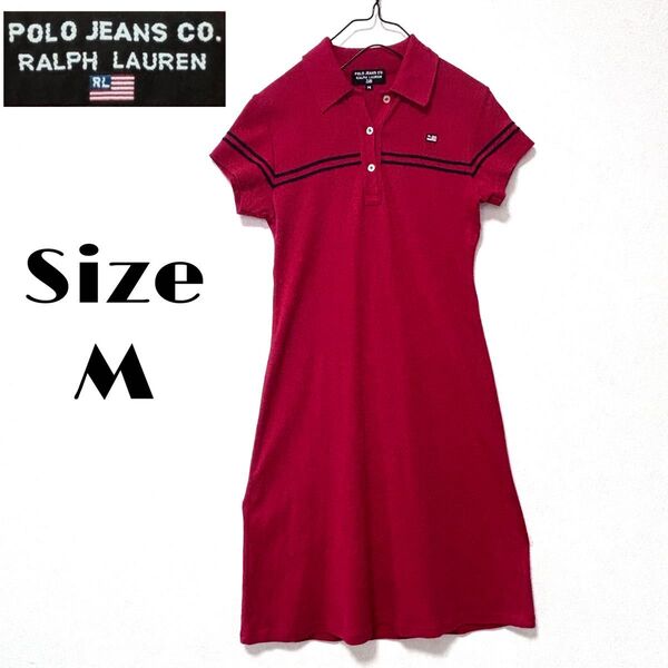 Polo Jeans ラルフローレン ポロ シャツ ワンピース M レッド ロゴ付 半袖 ポロシャツ ひざ丈 ワンポイント