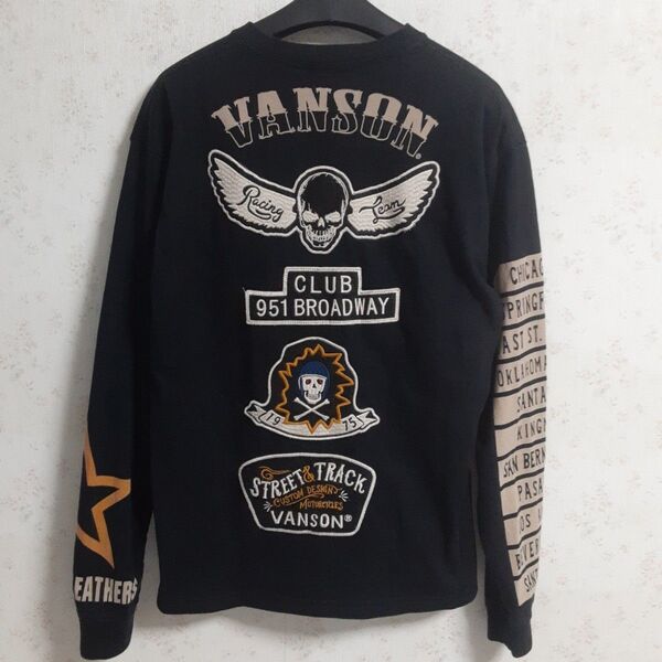 VANSON 長袖 Tシャツ ワッペン&プリント "フライングスカル" XL