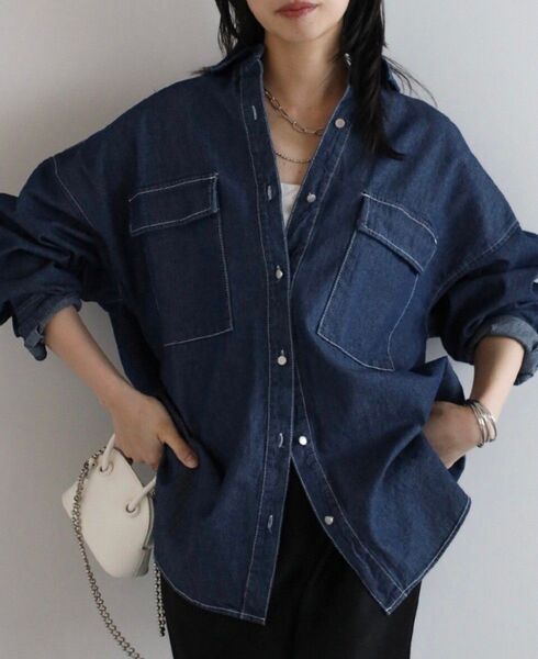 新品 ボンジュールサガン シルバーボタンオーバーサイズ8ozデニムシャツ