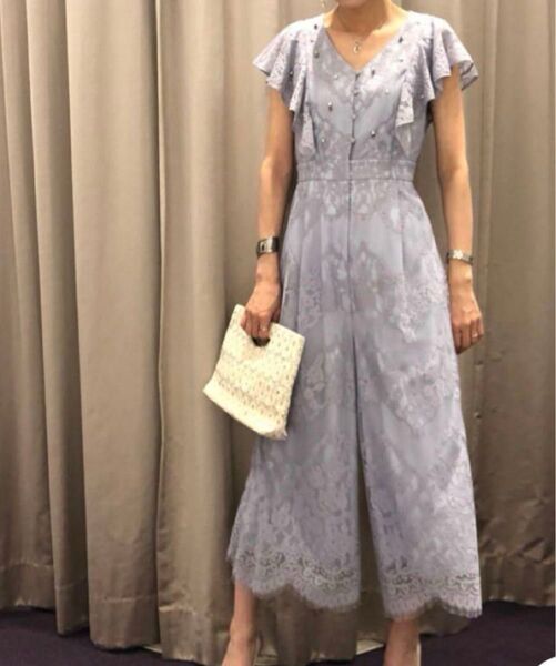 グレースコンチネンタル 花柄 レース フリル ビジュ サロペット オールインワン オケージョン 上品 綺麗目 綿 薄紫 36