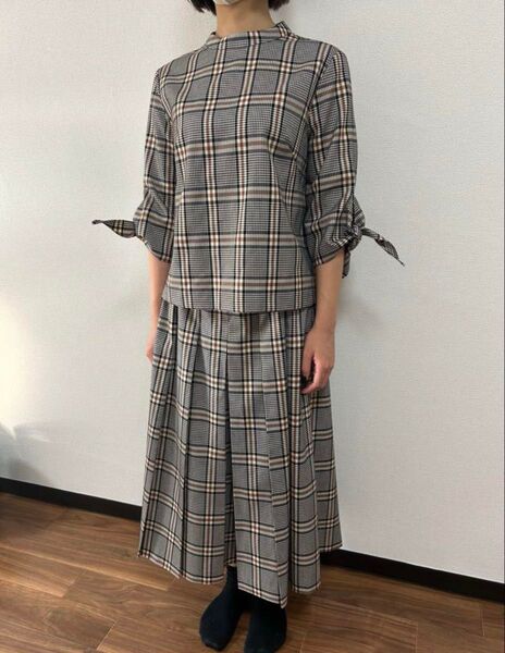 ダイアグラム カットソー クロップドパンツ 2点セット グレーンチェック 袖紐リボン プリーツ マニッシュ 茶色 日本製 36