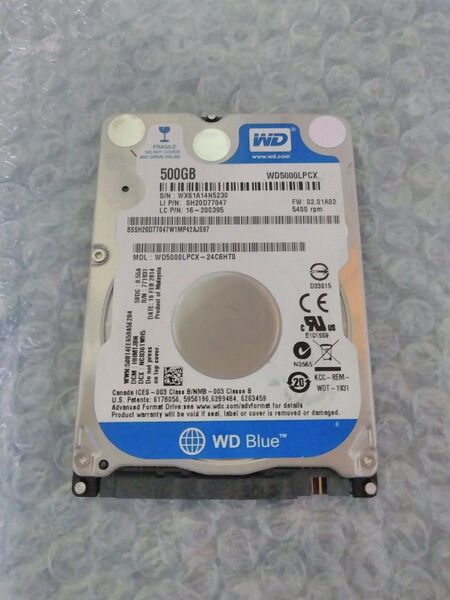 WD HDD 500GB SATA 2.5インチ WD5000LPCX 使用時間:20507h