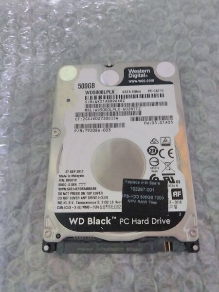 WD HDD 500GB SATA 2.5インチ WD5000LPLX 7200RPM 使用時間:8118h