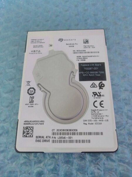 Segate HDD 500GB SATA 2.5インチ ST500M034 7200RPM 使用時間:3086h