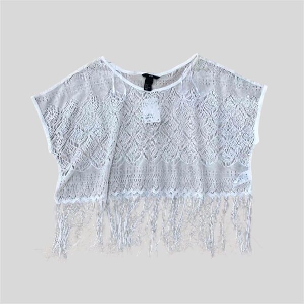 H&M レースカットソー トップス かぎ編みトップス 総レースTシャツ カットソー ブラウス 半袖 ホワイト フリンジ