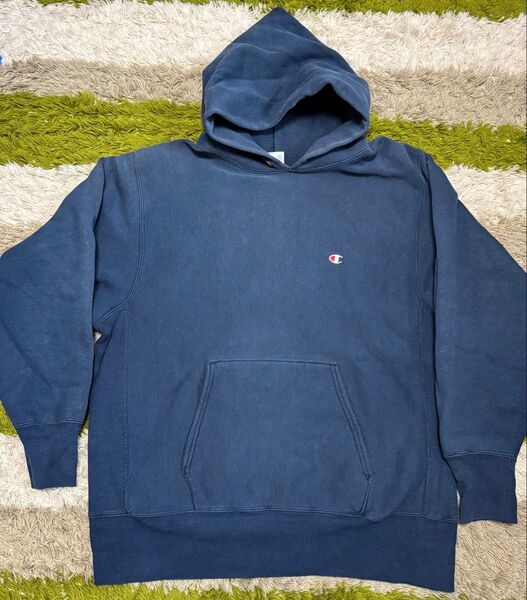 グッドコンディション!90s 初期刺繍タグ チャンピオン リバースウィーブ パーカー L 目あり ネイビー 紺
