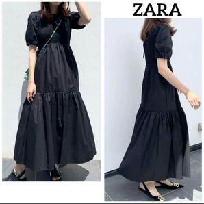 ZARA ポプリンパネルミディワンピース ワンピース ドレス ブラック パーティードレス 半袖ワンピース ノースリーブワンピース