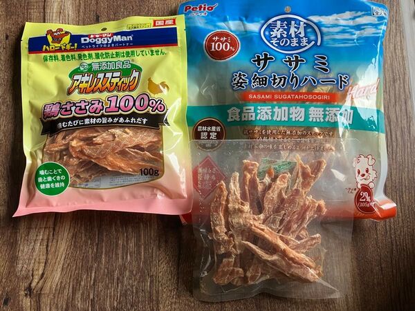 ペティオ 姿ササミ細切りハード105g×3袋、ドギーマン鶏ささみ100%100g