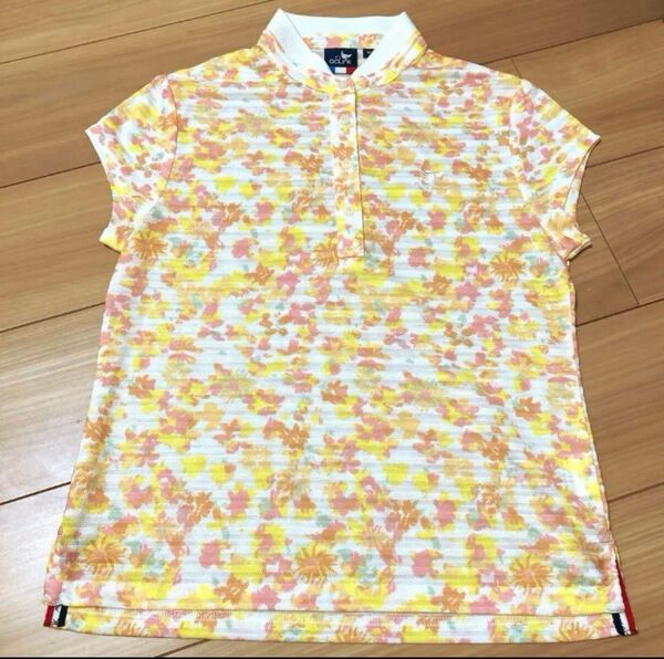 美品clunk クランク 半袖ゴルフシャツ M レディースゴルフウェア 総柄シャツ ストレッチ速乾 スタンドカラー