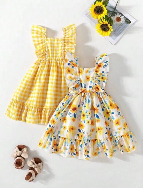 【新品未使用】2枚セット ワンピース キッズ 女の子 ファッション カジュアル フローラルメッシュ プリント フリルストラップ