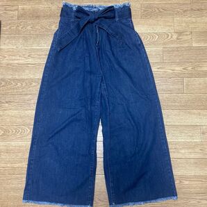 LOWRYSFARM ワイドパンツデニム ガウチョパンツ ワイドパンツ ハイウエスト リボンベルト インディゴ