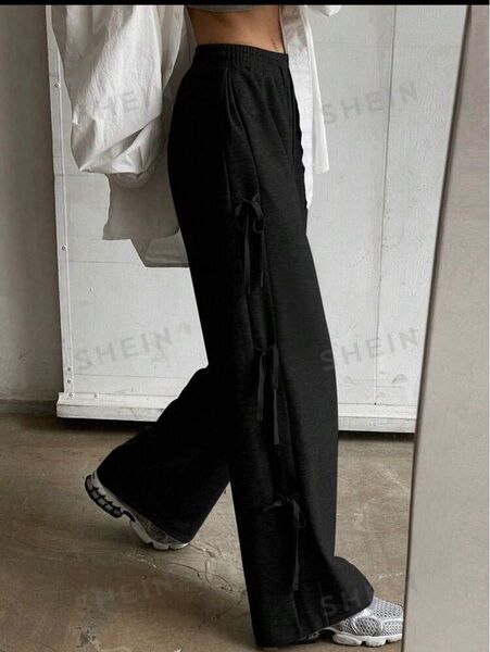 SHEIN ブラック サイドリボン カジュアルパンツ