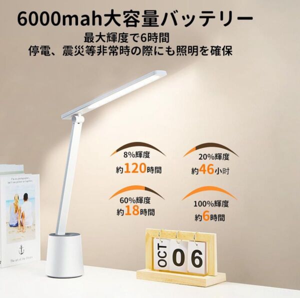 充電式デスクライト 5段階調色調光/800lm 超高輝度/高演色性/目に優しい光源/子供 勉強用(ホワイト)