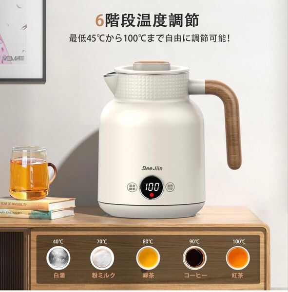 BeeJiin電気ケトル6階段温度調節可能触れても熱くない急速沸騰空焚き防止機能