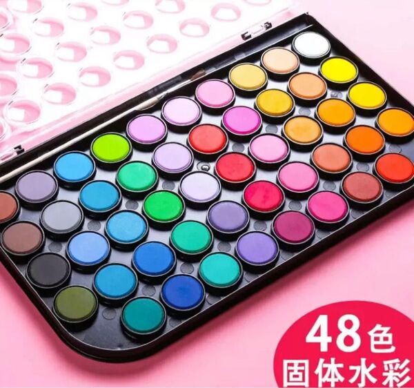 水彩絵具セット 48色パレット水 彩筆アート 絵葉書 固形水彩 親子 大人 趣味 手軽 簡単 絵の具 筆付き 絵手紙 カラフル