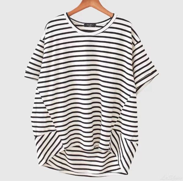 ボーダーTシャツ ホワイトブラック カジュアル 後ろ長め ラウンドネック 定番 半袖 夏