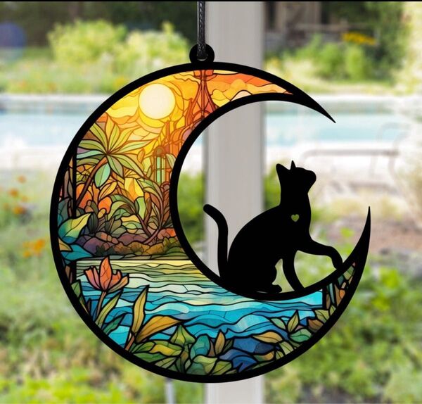 サンキャッチャー インテリア 壁掛け飾り ステンドグラス 黒猫 月 太陽 可愛い