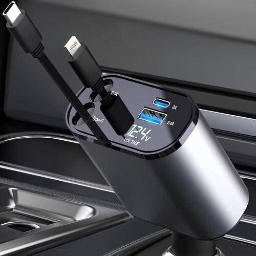 車載充電器 巻き取り式充電ケーブル 急速充電 タイプCポート/ライトニングポート/USBポート 4ポート同時使用 カ