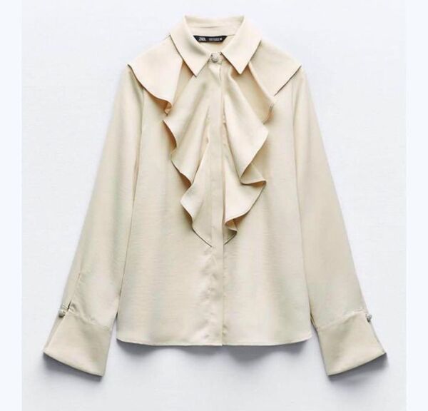 ザラ ZARA ジャンボフリルパールビーズボタンブラウス