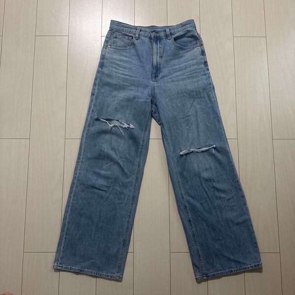【GU】 ライトブルー ダメージデニム ストレートレッグ Lサイズ ジーンズ デニムパンツ