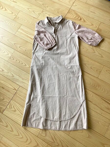 ピンク ベージュ シャツワンピース レース ワンピース 綿100% 横幅ゆったり ピンクベージュ ゆったり ロングワンピース