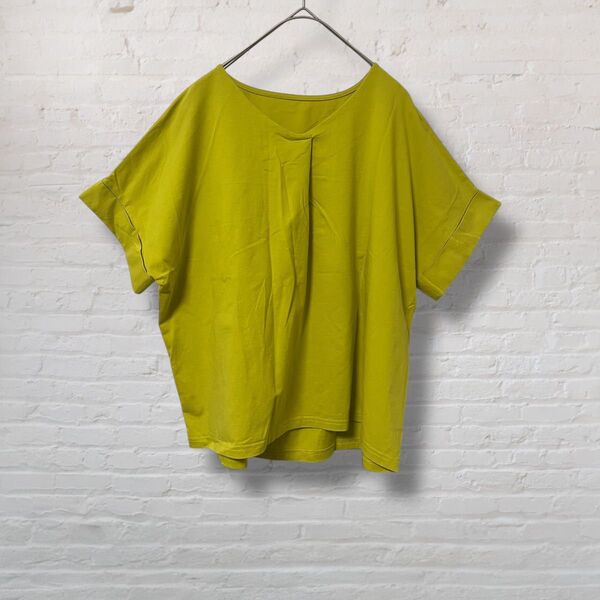 il Lino イルリノ 半袖 ギャザー カットソー 無地 シンプル Tシャツ 黄色【36/S】新品同様 フレンチスリーブ