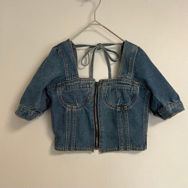 GRL グレイル ネックリボン デニム ショート丈 トップス パフスリーブ バックオープン 美品【M】