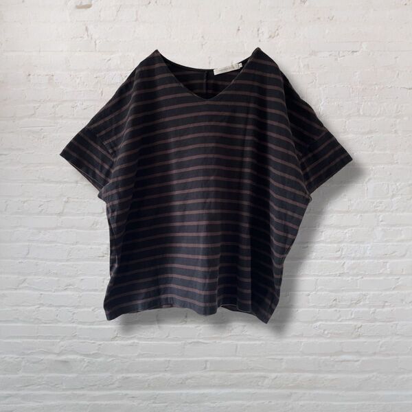 アメリカンホリック ボーダー 半袖 Vネック Tシャツ ゆるだぼ【M】美品 カットソー ブラウン レディース