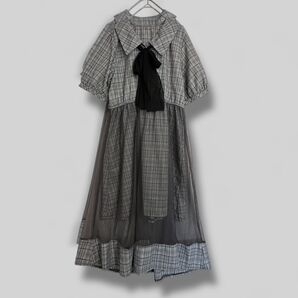 レディース チェック柄×チュール 切替ワンピース モノトーン ガーリー系 地雷系 フェミニン リボンタイ付き【M】透け感