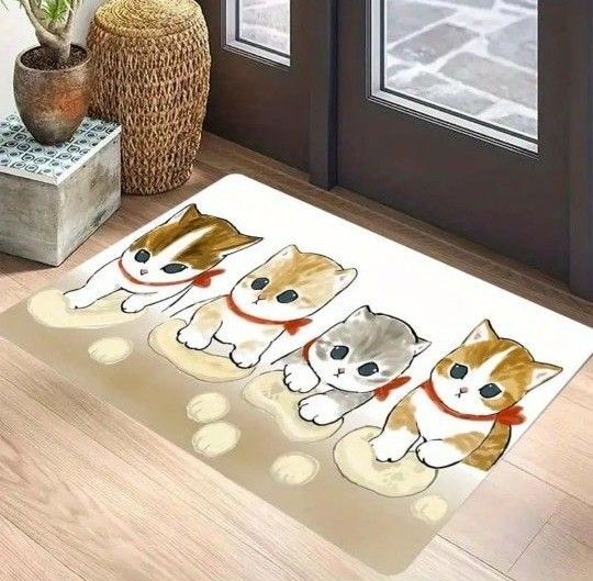 猫ちゃん カーペット 玄関マット キッチンマット バスマット ベッドルーム用絨毯 滑り止め付 モダン お料理コネコネ柄
