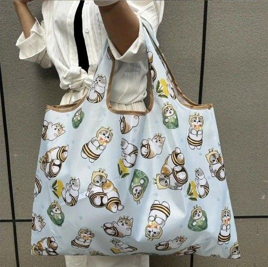 猫ちゃん みつばちにゃん エコバッグ ナイロントートバッグ ショルダーバッグ 折りたたみバッグ 水色