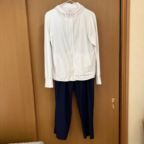 [UNIQLO エアリズム】良品 パーカーメッシュ ポケッタブル レディースLホワイト ネイビーナイロンウルトラストレッチパンツL