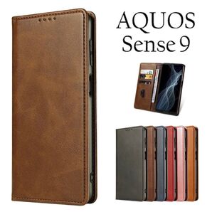 AQUOS sense9 ケース 手帳型 ベルトなし マグネット:ブラウン
