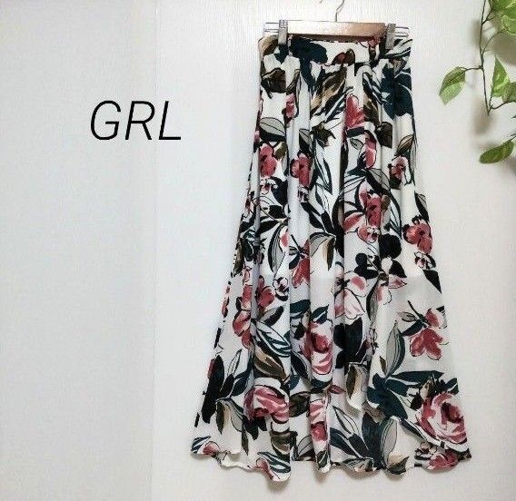 GRL 花柄 フレアロングスカート【M】後ろ長め/スリット/美品/白赤緑/フラワープリント/春夏