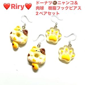 ドーナツニャンコ&肉球 樹脂フックピアス2ペアセット 猫 猫ピアス 肉球