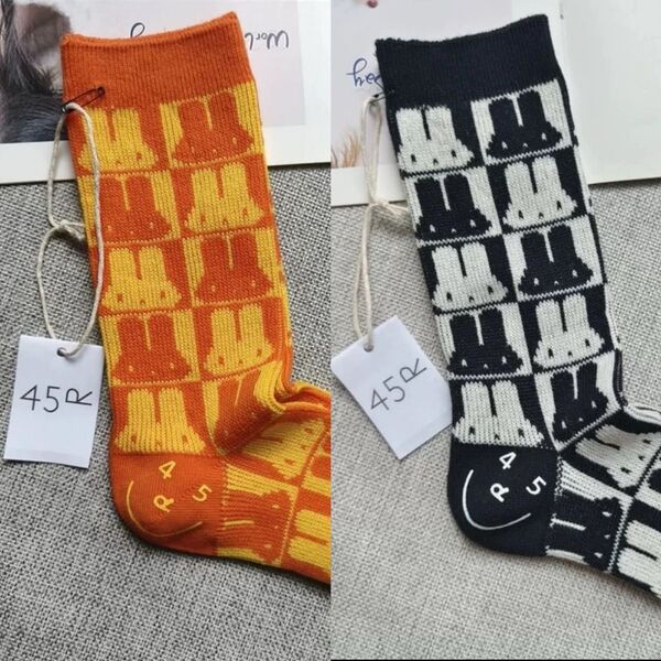 【新品】45R フォーティファイブアール ソックス 靴下 FreeSize【双色|うさぎ柄】black+orange 2足