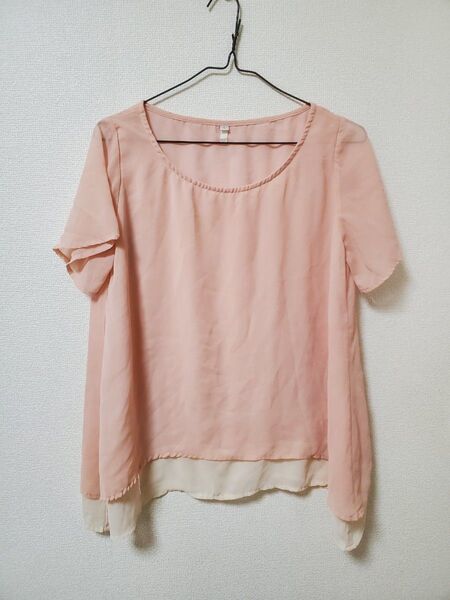 シフォン 半袖トップス ピンクベージュ Lサイズ