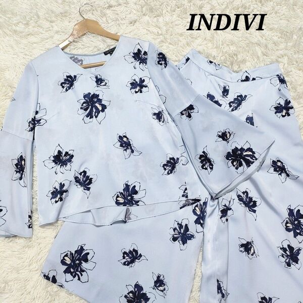 INDIVI インディヴィ セットアップ ブラウス フレアスリーブ ガウチョパンツ ワイド 花柄