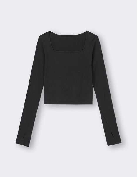 GU ジーユー 新品未開封 ストレッチリブクロップドT(12分袖)(ウォーム) ブラック L