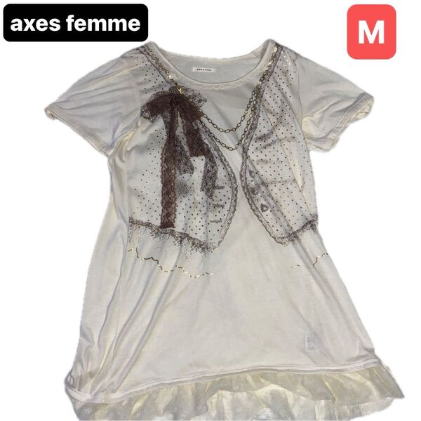 axes femme(アクシーズファム)半袖チュニックカットソー レディース Mサイズ クリーム色 フリルレース、ラメ入り