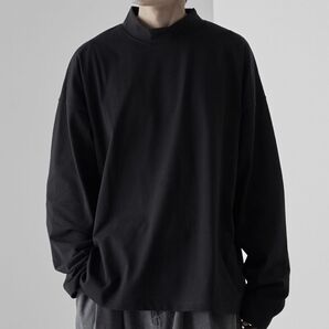ブラック ハイネック 長袖カットソー クルーネック L