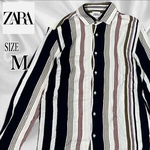 ZARA ザラ レーヨン ストライプ 長袖シャツ M スリムフィット