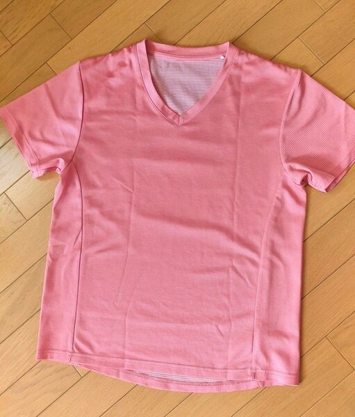 ピンクオレンジの半袖ドライTシャツM〜L★綺麗な色 スポーツ、Vネック