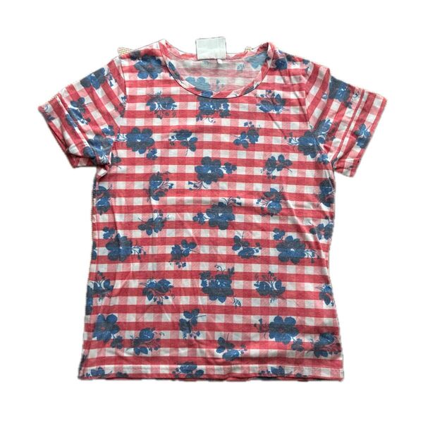 RAYBEAMS ギンガムチェック 花柄 Tシャツ レッド ブルー