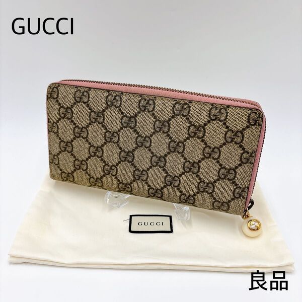 良品 * GUCCI グッチ スプリーム パールチャーム ラウンドジップ ラウンドファスナー 長財布 ロングウォレット ピンク