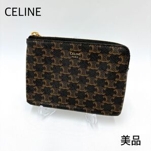 美品 * CELINE セリーヌ トリオンフ コインケース キーケース PVC レザー コインパース キーリング ブラウン