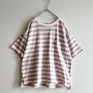 胸ポケットボーダーTシャツ オーバーサイズ ピンク×白 サイドスリット前後差ゆるT 新品タグ付き Lサイズ オーガニックコットン