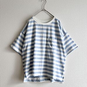 胸ポケットボーダーTシャツ オーバーサイズ ブルー×白 サイドスリット前後差ゆるT 新品タグ付き Lサイズ オーガニックコットン