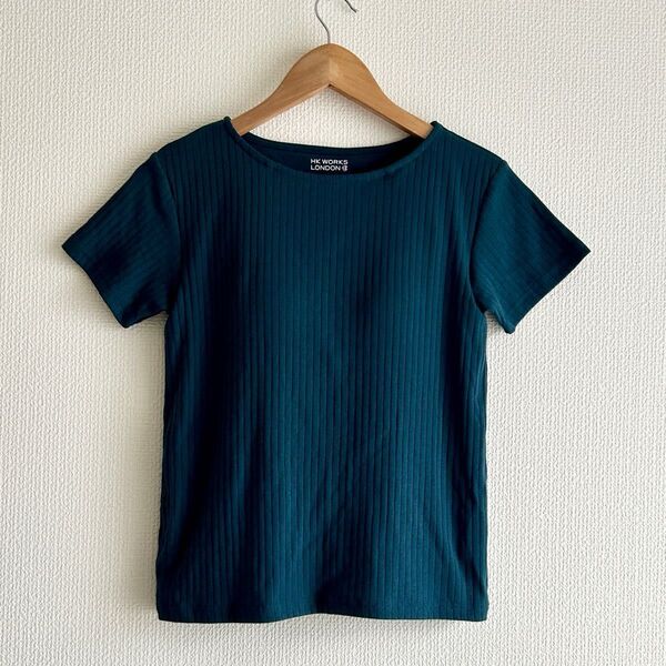 カップ付き ブラ付きTシャツ ボートネック チラ見え防止 太リブ Mサイズ ターコイズグリーン