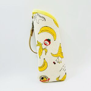 ハンドメイド メガネケース スリムタイプ ストラップ付き バナナネコ キナリ